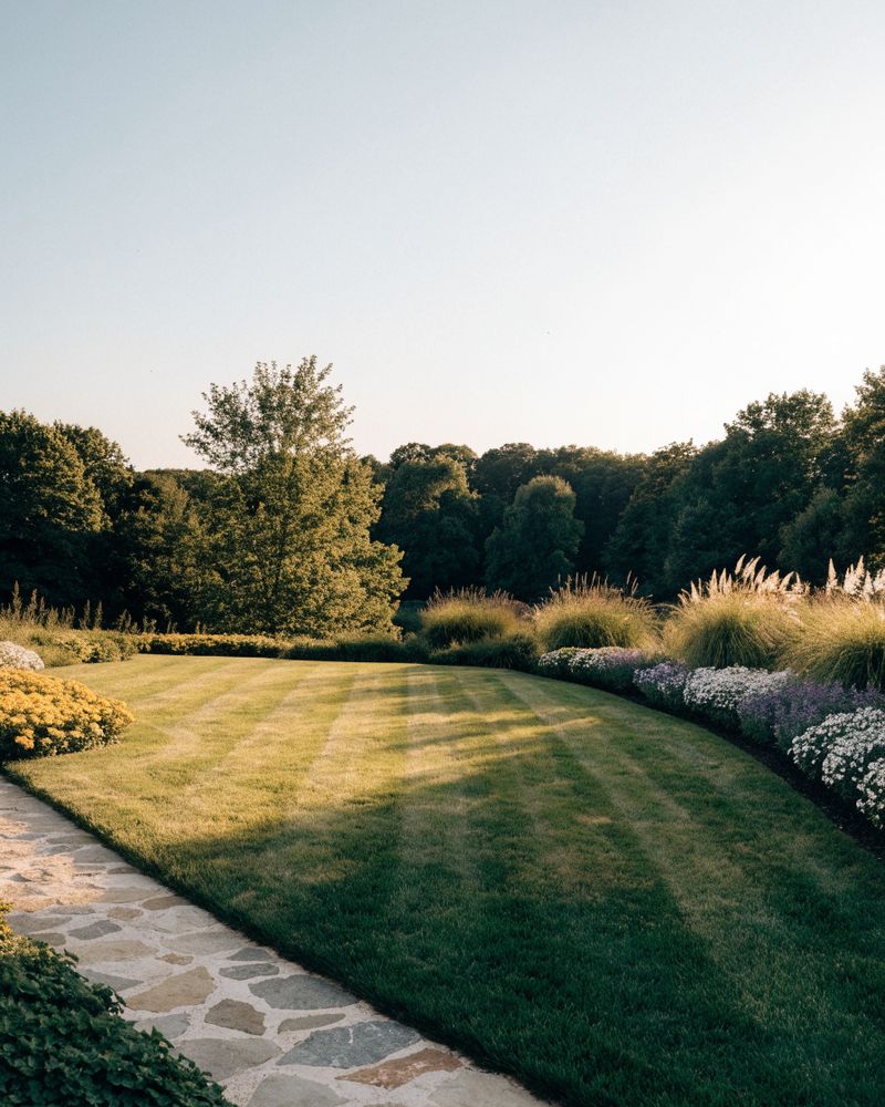 Landscaped garden with a striped lawn and flower borders